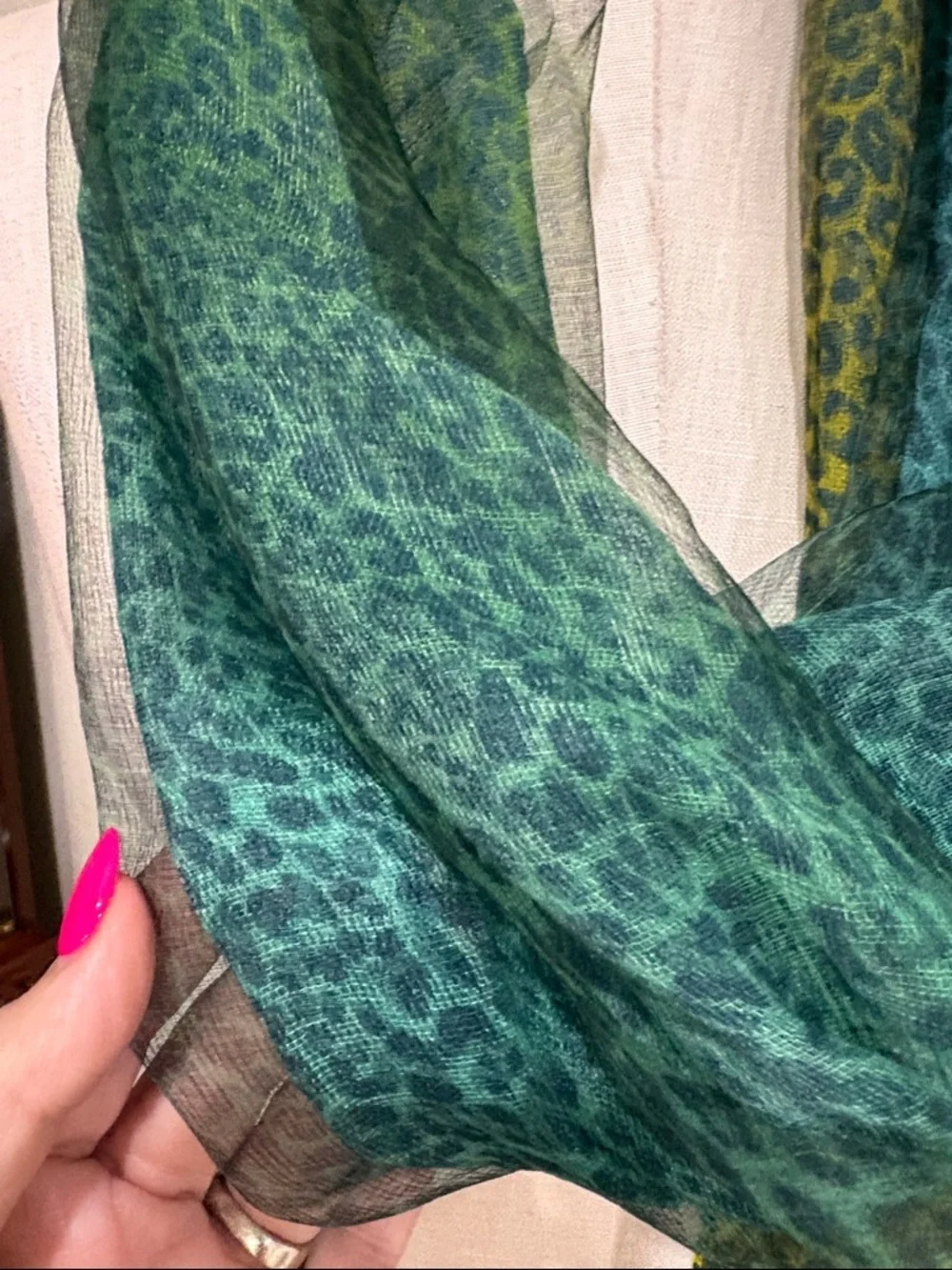 Coldwater Creek leopard Teal ombre to lime yellow Fringe Scarf SILK overlay